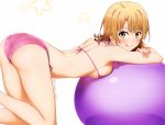  1girl :q ass ball bikini blush breasts brown_eyes brown_hair closed_mouth exercise_ball from_behind isshi_pyuma isshiki_iroha looking_at_viewer looking_back medium_breasts pink_bikini shiny shiny_hair shiny_skin short_hair side-tie_bikini sideboob simple_background smile solo swimsuit tongue tongue_out white_background yahari_ore_no_seishun_lovecome_wa_machigatteiru. 