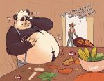  2020 belly black_body black_fur canid canine chocolombian clothing corn duo eyes_closed food fruit fur giant_panda hi_res male mammal obese overalls overweight overweight_male plant pumpkin sitting ursid white_body white_fur 
