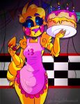  2018 animatronic avian beak bird birthday_cake black_sclera blonde_hair blue_eyes bodily_fluids breasts cake chicken drooling eyebrows eyelashes fangs feathers female fingers five_nights_at_freddy&#039;s five_nights_at_freddy&#039;s_2 food galliform gallus_(genus) hair hi_res machine non-mammal_breasts phasianid pink_cheeks robot saliva signature solo springbellebunnie tail_feathers teeth toy_chica_(fnaf) video_games yellow_body yellow_feathers 