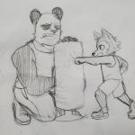  1:1 anthro beastars canid canine canis cigarette clothing duo giant_panda gouhin grin legoshi_(beastars) low_res male mammal muscular pandad_au punch punching_bag rexludo smile training ursid wolf 