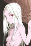  1girl blonde_hair breasts covered_nipples curtains eyes_visible_through_hair grey_background haimura_kiyotaka hair_over_breasts hand_up long_hair looking_at_viewer nude original parted_lips red_eyes simple_background small_breasts solo 