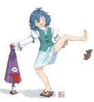  &gt;_&lt; 1girl :d aqua_vest bangs barefoot bloomers blue_hair blue_skirt closed_eyes commentary eyebrows_visible_through_hair full_body geta hair_between_eyes juliet_sleeves karakasa_obake kitano_(kitanosnowwhite) leg_lift long_sleeves open_mouth puffy_sleeves shirt short_hair simple_background skirt smile solo standing standing_on_one_leg tatara_kogasa touhou umbrella underwear white_background white_shirt xd you&#039;re_doing_it_wrong 