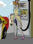  3:4 anthro blonde_hair blue_eyes breasts car clothed clothing desert dress female fur gas_station gasoline hair hi_res mammal mouse murid murine outside pencilsdgr pink_body pink_skin pubes raised_clothing raised_dress rodent slim small_breasts solo vehicle whiskers white_body white_fur 