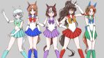  5girls :d :o animal_ears aqua_footwear aqua_skirt asymmetrical_bangs bangs bishoujo_senshi_sailor_moon blue_bow blue_eyes blue_footwear blue_hair blue_skirt blunt_ends blush bob_cut boots bow brown_background brown_hair commentary_request domino_mask ear_covers ear_ribbon el_condor_pasa elbow_gloves eyebrows_visible_through_hair flower gloves grass_wonder green_bow green_footwear green_skirt grey_background hair_bow hair_flower hair_ornament hairband hand_on_hip horse_ears horse_girl horse_tail king_halo knee_boots leotard long_hair looking_at_viewer mask medium_hair miniskirt multicolored_hair multiple_girls open_mouth parted_lips pleated_skirt ponytail pose purple_bow purple_eyes purple_footwear purple_skirt red_bow red_eyes red_footwear red_skirt sailor_collar sailor_senshi_uniform seiun_sky short_hair short_sleeves side-by-side simple_background skirt skirt_hold skirt_tug smile special_week standing sweatdrop tail tanaka_wonder two-tone_hair umamusume v_arms w white_gloves white_hairband white_leotard 