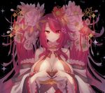  1girl absurdly_long_hair black_background breasts cleavage detached_sleeves eyes_visible_through_hair flower flower_knight_girl hair_flower hair_ornament hair_over_one_eye heart heart_hands highres large_breasts long_hair looking_at_viewer pink_hair red_eyes shuumeigiku_(flower_knight_girl) smile solo sparkle twintails upper_body very_long_hair wide_sleeves yononaka 
