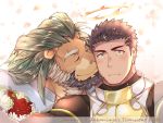  2boys animal_ears arsalan_(tokyo_houkago_summoners) backlighting bara beard black_bodysuit black_hair blush bodysuit bouquet brown_fur cheek_kiss couple face-to-face facial_hair fingernails flower furry green_hair halo kiss lion_boy lion_ears male_focus medium_hair multiple_boys muscle petals sharp_fingernails short_hair stubble surprise_kiss surprised tokyo_houkago_summoners upper_body yaoi yellow_eyes youzora_samo18 zabaniya_(tokyo_houkago_summoners) 