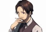  1boy brown_eyes brown_hair character_request cigarette copyright_request looking_at_viewer male_focus necktie sayshownen short_hair smoking solo upper_body vest white_background 