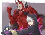  1girl 3boys armor aura blue_eyes blue_hair cape chrom_(fire_emblem) dark_aura dated father_and_daughter fire_emblem fire_emblem_awakening fire_emblem_heroes from_side gloves grima_(fire_emblem) hood hood_up long_hair long_sleeves lucina_(fire_emblem) multiple_boys open_mouth red_eyes robaco robin_(fire_emblem) robin_(fire_emblem)_(male) short_hair simple_background walhart_(fire_emblem) white_hair 