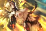 blonde_hair blue_eyes breasts limgae mercy_(overwatch) navel nipples overwatch pussy realistic short_hair torn_clothes uncensored wings 