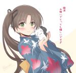  1girl ayanami_(kantai_collection) blue_kimono brown_hair cat commentary_request green_eyes highres icesherbet japanese_clothes kantai_collection kimono leaf_print long_hair looking_at_viewer official_alternate_costume side_ponytail smile solo translation_request two-tone_background yukata 