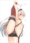  1girl amatsukaze_(kantai_collection) areola_slip areolae ass black_panties blush breasts brown_eyes commentary_request covered_nipples eyebrows_visible_through_hair garter_straps hair_tubes hat kantai_collection leg_up long_hair looking_at_viewer mini_hat moose_(moosemitchell2) nose_blush panties red_legwear silver_hair simple_background small_breasts smoke smokestack_hair_ornament solo split standing standing_on_one_leg standing_split striped striped_legwear thighhighs two_side_up underwear white_background 