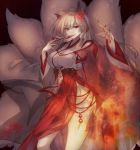 1girl animal_ears blonde_hair breasts fire flower flower_knight_girl fox_ears fox_tail hair_ornament hand_up higanbana_(flower_knight_girl) highres large_breasts long_hair looking_at_viewer mouth_hold red_eyes red_nails solo spider_lily tail talisman wide_sleeves yononaka 