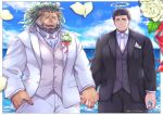  2boys animal_ears arsalan_(tokyo_houkago_summoners) bara beard black_hair black_suit blush bow bowtie brown_fur closed_eyes couple cowboy_shot facial_hair fingernails flower formal furry green_hair halo hands_together holding_hands lion_boy lion_ears male_focus medium_hair multiple_boys petals sharp_fingernails short_hair smile stubble suit tokyo_houkago_summoners wedding white_flower white_neckwear white_petals white_suit yaoi yellow_eyes youzora_samo18 zabaniya_(tokyo_houkago_summoners) 