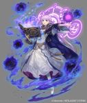  1girl braid cloak darkness dress fire_emblem fire_emblem:_the_binding_blade fire_emblem_cipher grey_background jewelry kawasumi_mahiro magic magic_circle official_art purple_dress purple_eyes purple_hair sophia_(fire_emblem) weapon 