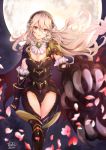  1girl armor atoatto black_hairband breasts cleavage corrin_(fire_emblem) corrin_(fire_emblem)_(female) fire_emblem fire_emblem_fates hairband leotard long_hair moon parted_lips petals pointy_ears red_eyes solo white_hair 