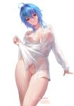  1girl ahoge bangs blue_hair blush bottomless breasts brown_eyes chihunhentai collared_shirt covered_nipples green_hair head_tilt high_school_dxd highres long_sleeves looking_at_viewer multicolored_hair parted_lips see-through shirt short_hair sidelocks simple_background smile solo streaked_hair thighs two-tone_hair wet wet_clothes wet_shirt white_background xenovia_quarta 