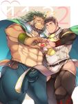  2boys abs animal_ears arsalan_(tokyo_houkago_summoners) bara bare_chest beard black_bodysuit black_hair blush bodysuit brown_eyes brown_fur bulge cape chest chest_hair clothing_cutout couple face-to-face facial_hair feet_out_of_frame fingernails furry green_cape green_hair halo heart heart_hands heart_hands_duo highres leg_up lion_boy lion_ears male_focus medium_hair multiple_boys muscle one_eye_closed pectoral_docking pelvic_curtain pelvic_curtain_lift sharp_fingernails short_hair stubble thick_thighs thigh_cutout thighs tokyo_houkago_summoners yaoi yellow_eyes youzora_samo18 zabaniya_(tokyo_houkago_summoners) 