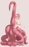  1girl areola_slip areolae bikini breasts collarbone full_body grey_background highres kirisaki_byakko large_breasts long_hair looking_at_viewer monster_girl navel original pink_bikini pink_hair ponytail scylla signature simple_background solo split standing standing_on_one_leg standing_split swimsuit tentacles yellow_eyes 