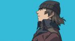  1boy aragaki_shinjirou black_hair blue_background hat jacket long_hair male_focus persona persona_3 profile sayshownen simple_background solo upper_body 