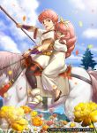  1boy 1girl bow celica_(fire_emblem) child conrad_(fire_emblem) fire_emblem fire_emblem_cipher fire_emblem_echoes:_shadows_of_valentia floral_background flower horse mineri official_art red_eyes red_hair siblings stick tree 