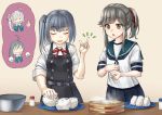  /\/\/\ 2girls asashimo_(kantai_collection) basin beige_background blue_sailor_collar blue_skirt brown_eyes closed_eyes commentary_request dress food grey_hair hair_ribbon index_finger_raised kantai_collection kasumi_(kantai_collection) kiyoshimo_(kantai_collection) long_hair long_sleeves mayura2002 multiple_girls onigiri open_mouth pinafore_dress plate pleated_skirt remodel_(kantai_collection) ribbon sailor_collar school_uniform serafuku shirt side_ponytail simple_background skirt speech_bubble usugumo_(kantai_collection) white_shirt 