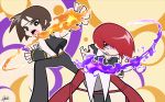  2boys absurdres apollo_(pixiv884782) brown_hair fingerless_gloves fire gloves hair_over_one_eye headband highres kusanagi_kyou multiple_boys open_mouth panty_&amp;_stocking_with_garterbelt purple_fire pyrokinesis red_hair school_uniform the_king_of_fighters yagami_iori 