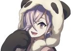  :d animal_costume character_request copyright_request cosplay hair_over_one_eye kigurumi looking_at_viewer open_mouth panda_costume purple_eyes purple_hair sayshownen smile solo white_background 
