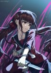  1girl absurdres bangs black_hair blunt_bangs clenched_hand clenched_teeth collarbone commentary_request danganronpa ewa_(seraphhuiyu) facing_viewer floating_hair hair_ornament hair_scrunchie hairclip harukawa_maki highres holding holding_knife knee_up knife long_hair looking_to_the_side mole mole_under_eye new_danganronpa_v3 pink_blood red_eyes red_scrunchie scar school_uniform scrunchie serafuku shirt skirt solo teeth twintails twitter_username v-shaped_eyebrows very_long_hair 