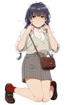  1girl bag black_eyes black_hair blush braid fingersmile handbag kneeling loafers long_hair looking_at_viewer mattaku_mousuke original plaid plaid_skirt red_legwear shoes skirt socks solo sweatdrop trembling twin_braids twitter_username watermark white_background 