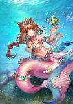  blue_eyes braid breasts brown_hair commission coral_reef crown_hair_ornament detached_sleeves fins fish fish_tail flower_ornament highres kittika_thaworn medium_breasts mermaid monster_girl navel original sitting tail underwater 