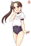  1girl alternate_costume artist_logo ayanami_(kantai_collection) black_buruma blush brown_eyes brown_hair buruma commentary_request cowboy_shot dated gym_uniform hands_on_own_face highres kanon_(kurogane_knights) kantai_collection long_hair looking_at_viewer name_tag side_ponytail simple_background solo white_background 