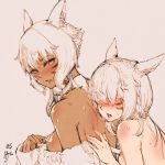  2girls absurdres animal_ears backless_outfit blush breasts cat_ears dark_skin facial_mark final_fantasy final_fantasy_xiv from_behind full-face_blush hair_over_face highres hjz_(artemi) looking_at_another looking_at_viewer looking_back medium_breasts medium_hair miqo&#039;te multiple_girls neck_tattoo nude open_mouth saliva saliva_trail short_hair sweat tattoo undressing upper_body whisker_markings white_hair y&#039;shtola_rhul yuri 