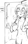  1girl absurdres breasts closed_eyes covering covering_breasts highres monochrome naked_towel niwamaru niwarizumu nude original short_hair shower_(place) small_breasts solo standing stitches towel towel_around_neck wet 