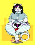  2020 absurd_res anthro big_breasts bodily_fluids breasts catti_(deltarune) clothing deltarune domestic_cat ear_piercing felid feline felis female flashing genitals hi_res huge_breasts legwear mammal piercing presenting presenting_pussy pubes pussy sitting sneel solo stirrup_stockings stockings sweat video_games waiter 