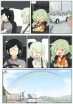  anchovy_(girls_und_panzer) anzai_romi car commentary_request embarrassed glasses green_hair ground_vehicle hair_ribbon highres jinguu_(4839ms) long_hair mother_and_daughter motor_vehicle rainbow red_eyes ribbon smile stuffed_animal stuffed_toy translation_request tsuji_renta wheel 
