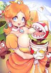  1girl blue_eyes breasts brooch brown_hair cleavage crown dress eyelashes fangs gloves goomba heart heart-shaped_pupils highres jewelry lakitu large_breasts looking_at_viewer mario_(series) mini_crown niucniuc orange_dress palm_tree piranha_plant princess_daisy pyramid sharp_teeth smile symbol-shaped_pupils teeth tree warp_pipe 