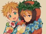  2boys :d bangs blonde_hair blue_eyes brown_background closed_mouth collared_shirt commentary_request cup drinking_glass drinking_straw expressionless floral_print flower food fruit green_shirt hair_between_eyes happy hawaiian_shirt head_wreath highres holding holding_cup hood hood_up kenny_mccormick lei lemon lemon_slice looking_at_viewer male_focus multiple_boys open_mouth orange orange_slice parka print_shirt sayshownen shirt short_hair short_sleeves simple_background smile south_park spiked_hair tropical_drink tweek_tweak 