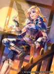  blonde_hair blue_cape blue_eyes boots breasts cape cleavage coin coin_purse fang fingerless_gloves fire_emblem fire_emblem:_radiant_dawn fire_emblem_cipher gloves headband heather_(fire_emblem) knife_holster official_art purple_shirt shirt smirk yasubaru 