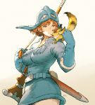  1girl absurdres animal animal_on_shoulder bangs belt breasts brown_eyes brown_hair closed_mouth cowboy_shot crosshatching drop_earrings earrings gloves gun helmet highres jewelry kaze_no_tani_no_nausicaa kuroimori light_smile long_sleeves medium_breasts nausicaa rifle scabbard sheath short_hair signature simple_background sword teto upper_body weapon white_background 