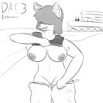  1:1 anthro beach bouncing_breasts breasts chiropteran clothed clothing clothing_lift female genitals hi_res kinktober mammal monochrome pants_down partially_clothed public public_nudity pussy seaside shirt shirt_lift solo topwear wingzoid 