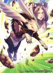  1girl animal_ears boots braid braided_bangs brown_hair bunny bunny_ears claws debris facial_mark fire_emblem fire_emblem_awakening fire_emblem_cipher floppy_ears fur jumping monster official_art panne_(fire_emblem) paws purple_armor red_eyes whiskers yoneko_okome 
