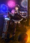  1girl bangs black_hair black_legwear brown_eyes cannonballs fireworks full_body gloves goggles goggles_on_head granblue_fantasy hand_cannon haruyuki_(karem) jessica_(granblue_fantasy) open_mouth skirt smile solo thighhighs white_gloves 