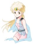  1980s_(style) 1girl agahari belt blonde_hair blush breasts brown_eyes cape collarbone cowboy_shot dragon_quest dragon_quest_dai_no_daibouken dress highres leaning_forward light_smile looking_at_viewer looking_to_the_side low_ponytail oldschool pink_dress ponytail princess_leona see-through simple_background small_breasts solo tiara white_background 