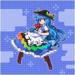  1girl bangs black_headwear blue_background blue_hair blush_stickers boots brown_footwear buttons closed_mouth cloud food frilled_skirt frills fruit grid_background hands_on_hips hinanawi_tenshi kumamoto_(bbtonhk2) leaf long_hair lowres peach pixel_art rainbow_order red_eyes red_neckwear short_sleeves skirt sky smile solo star_(symbol) touhou 