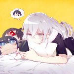  1girl 6_(yuchae) after_bathing ahoge bangs bed_sheet black_hair blue_eyes blue_hair blush bronya_zaychik cellphone character_doll crossed_bangs drill_hair grey_eyes grey_hair holding holding_phone honkai_(series) honkai_impact_3rd long_hair lying multicolored_hair on_bed on_stomach phone red_eyes red_hair seele_(alter_ego) seele_vollerei short_sleeves sidelocks smartphone smile solo spoken_character thought_bubble towel towel_around_neck two-tone_hair wet wet_hair yellow_background 
