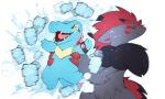  being_held courage crocodilian eyes_closed hammy hi_res holding_(disambiguation) male nintendo pok&eacute;mon pok&eacute;mon_(species) punch reptile scalie totodile video_games xripy zoroark 