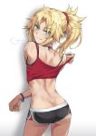  1girl ass back bangs bare_shoulders black_shorts blonde_hair blush braid breasts camisole closed_mouth commentary dolphin_shorts fang fate/apocrypha fate_(series) french_braid green_eyes hair_ornament hair_scrunchie jewelry long_hair looking_at_viewer looking_back mordred_(fate) mordred_(fate)_(all) necklace parted_bangs ponytail red_camisole red_scrunchie scrunchie short_shorts shorts shoulder_blades sidelocks smile solo thighs tonee 
