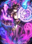  1girl azusa_(hws) bent_over black_hair bodystocking book breasts cleavage clothing_cutout dark_magical_circle evil_smile fire fire_emblem fire_emblem_awakening fire_emblem_cipher hand_on_own_face headpiece jewelry md5_mismatch midriff_cutout official_art purple_eyes smile souls tharja_(fire_emblem) thigh_cutout two_side_up 
