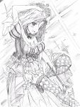  1girl alice_in_wonderland argyle argyle_legwear arm_up azumi_(girls_und_panzer) bangs breasts cleavage commentary cosplay crown flower frilled_sleeves frills garter_straps girls_und_panzer girls_und_panzer_senshadou_daisakusen! graphite_(medium) greyscale hand_on_own_head heart highres holding holding_wand invisible_chair leg_up medium_breasts medium_dress medium_hair monochrome open_mouth parted_bangs pink_x puffy_short_sleeves puffy_sleeves queen_of_hearts queen_of_hearts_(cosplay) rose shoes short_sleeves sitting sketch smile solo sparkle thighhighs traditional_media wand 