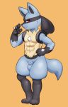  abs absurd_res animal_genitalia balls genitals hi_res louis lucario male muscular muscular_male nintendo nude pok&eacute;mon pok&eacute;mon_(species) pose pururing sheath simple_background solo video_games yellow_background 